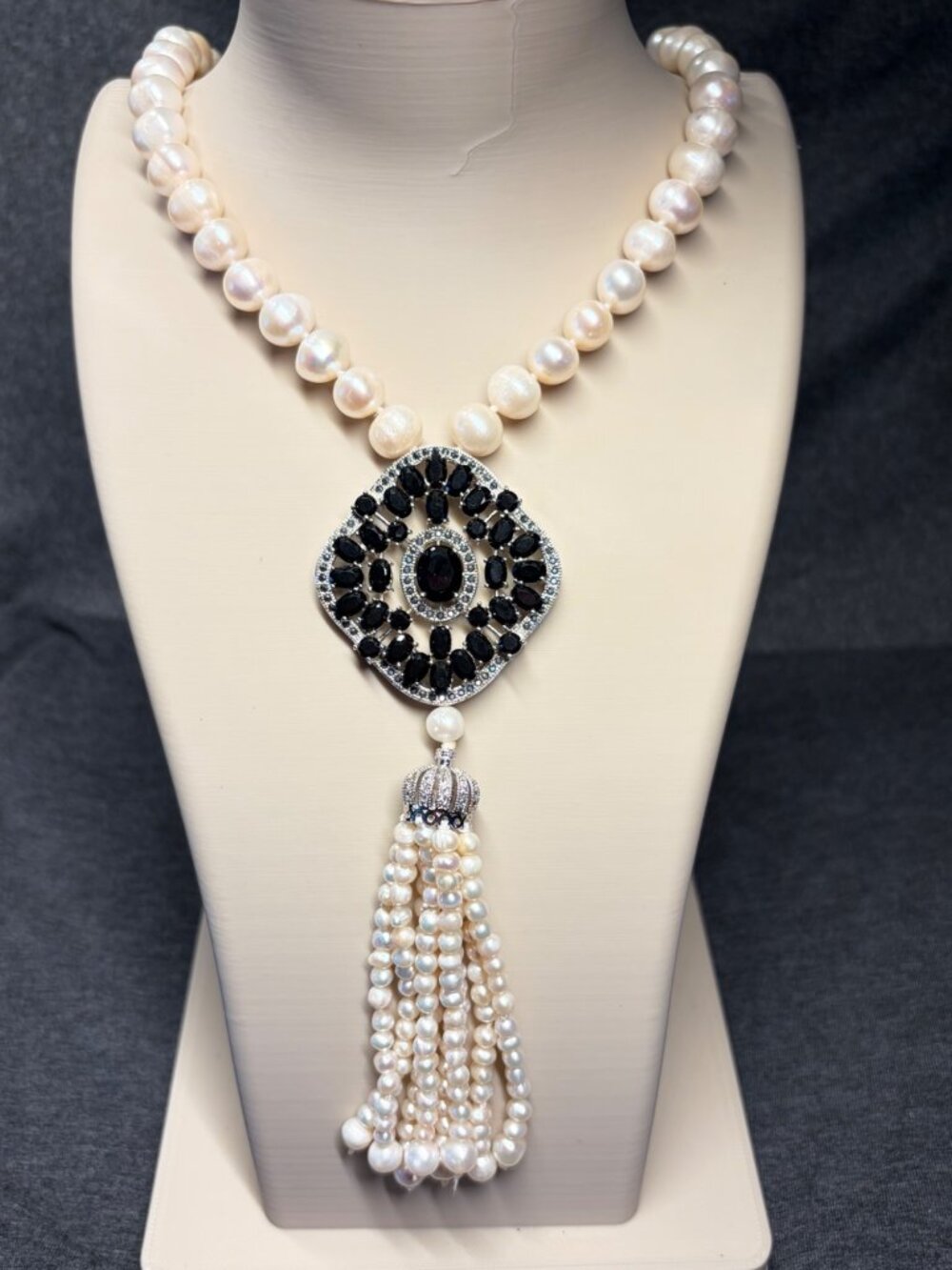 Vintage Estate Necklace Genuine Pearl Black Rhinestone Art Deco Silver Tone